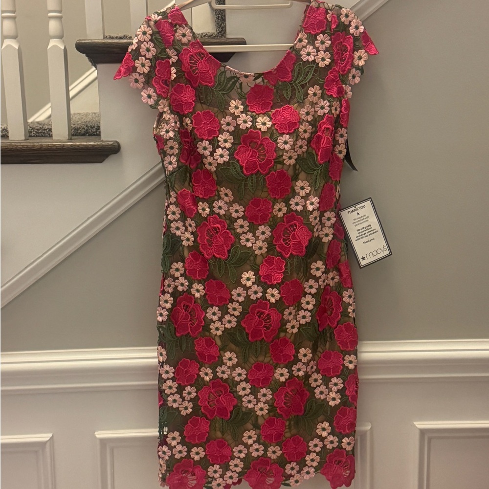 Xscape Pink and Green Floral Lace Midi Dress